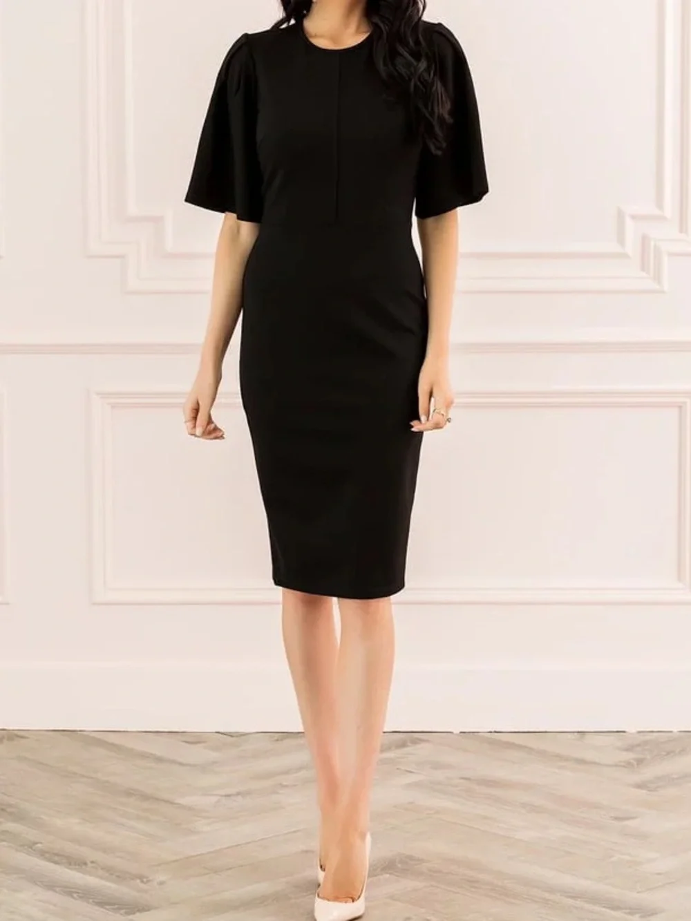 Brand New-Rachel Parcell Black Flutter Sleeve Ponte Sheath Dress